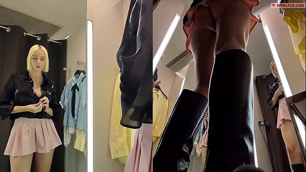 Hidden camera in fitting room. Upskirt View on juicy pussy. Public fetish